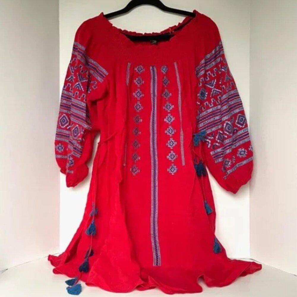 Anthropologie Off Shoulder Embroidered Boho Dress Small Red Cotton Summer Tassel